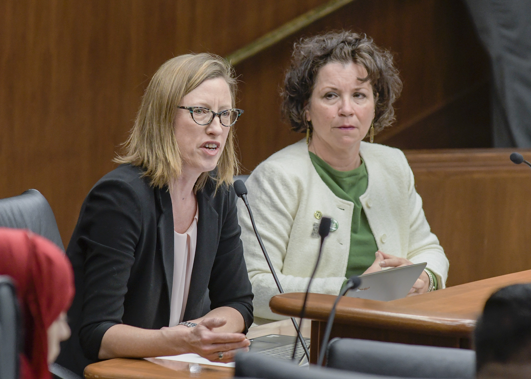 Lisa Stratton, left, testifies before the House Government Operations Committee in support of a bill sponsored by Rep. Mary Kunesh-Podein, right, that would provide gender equality under the law. Photo by Andrew VonBank 